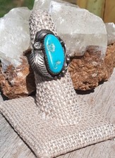 Vtg Navajo Sterling Silver Turquoise Ring Blossom Leaf Sz 7.25 Signed EC 1"