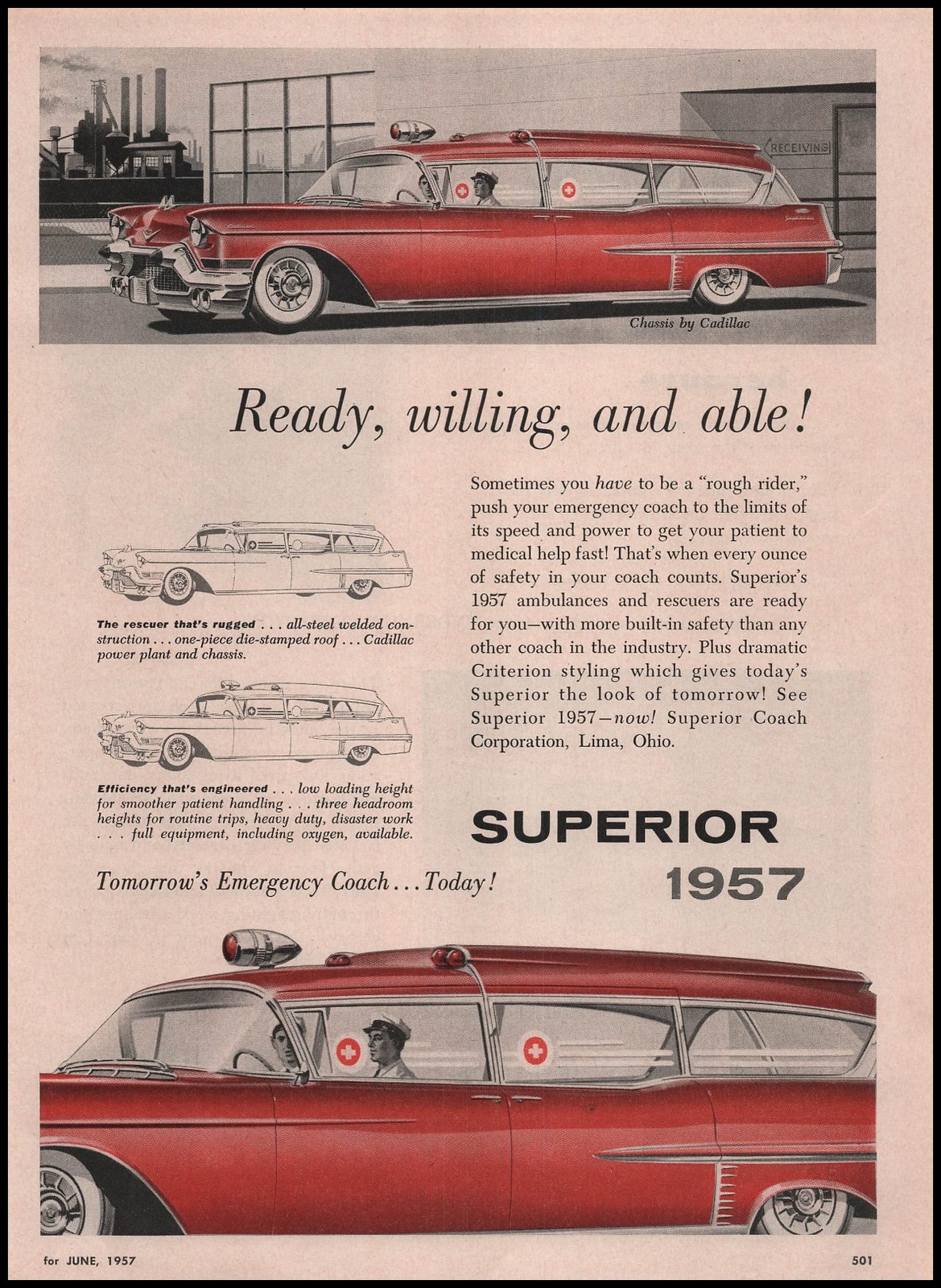 1957 Superior Coach Lima Ohio Cadillac Chassis Fire Ambulance Vehicles Print Ad