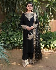 Indian Ethnic Wedding Wear Straight Embroidered Salwar Kameez Stitch Palazzo Set