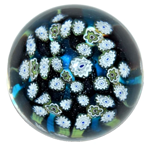 Vintage Murano Italy Art Glass Paperweight Blue Green White Millefiori