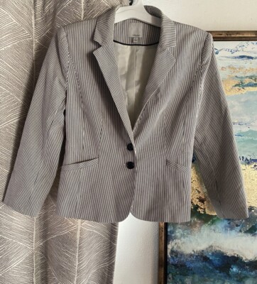 Halogen Striped Two Button Blazer Women Ivory Gray Size Small