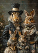 Victorian Rabbit Family Art Print, Whimsical Animal Wall Decor Woodland Gift P52