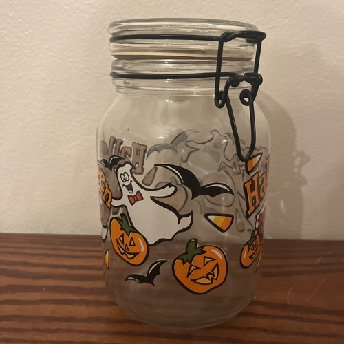 Vintage Anchor Hocking Halloween Treats Glass Canister Candy Jar Container 90s