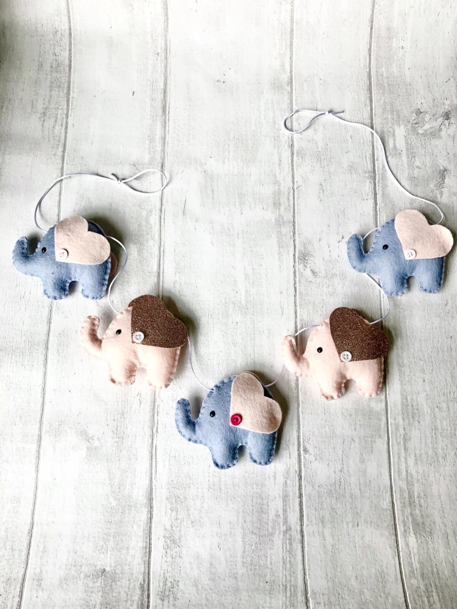 Handmade felt Pink blue green yellow grey elephant bunting for nursery playroom