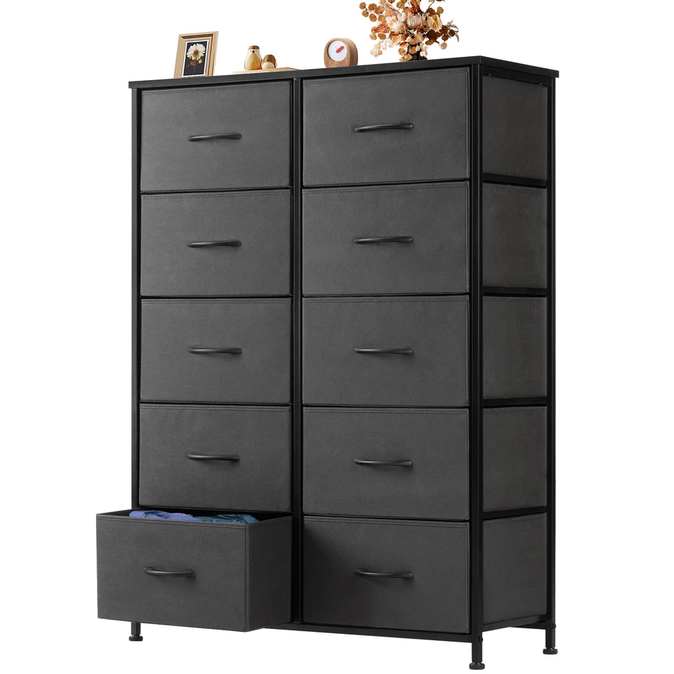 10 Fabric Drawer Dresser Storage Tall Chest Organizer Cabinet Unit Wood Top - Image 3 of 4