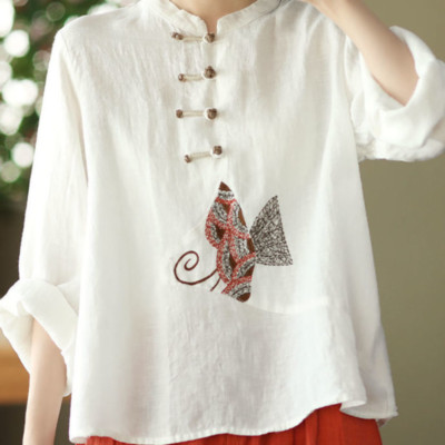 Ethnic Women Embroidery Cotton Linen T-shirts Casual Tops Blouse Retro Chinese 