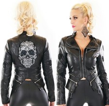 Damen Biker Jacke Glitzer Totenkopf Kunstleder Leder Wet Look Skull S M L XL