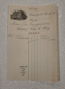 1889 ALLEY PRE-PROHIBITION BEER BILLHEAD FACTORY SCENE BOSTON MASSACHUSETTS MA