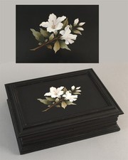 Antique Italian Victorian PIETRA DURA Flower Inlaid Stone Ebonized Wood Box, NR