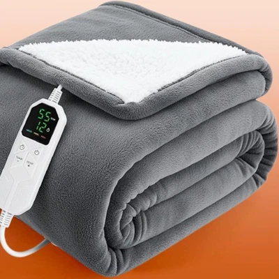 WARMFAY LUXURIOUS ELECTRIC HEATED THROW SOFT FLEECE GREY OVER BLANKET DIGITAL CONTROLLER