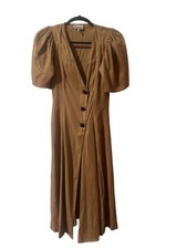 Ganni Twill Pleated Khaki Puff Sleeve Dress Women’s Size 2  New Without Tags