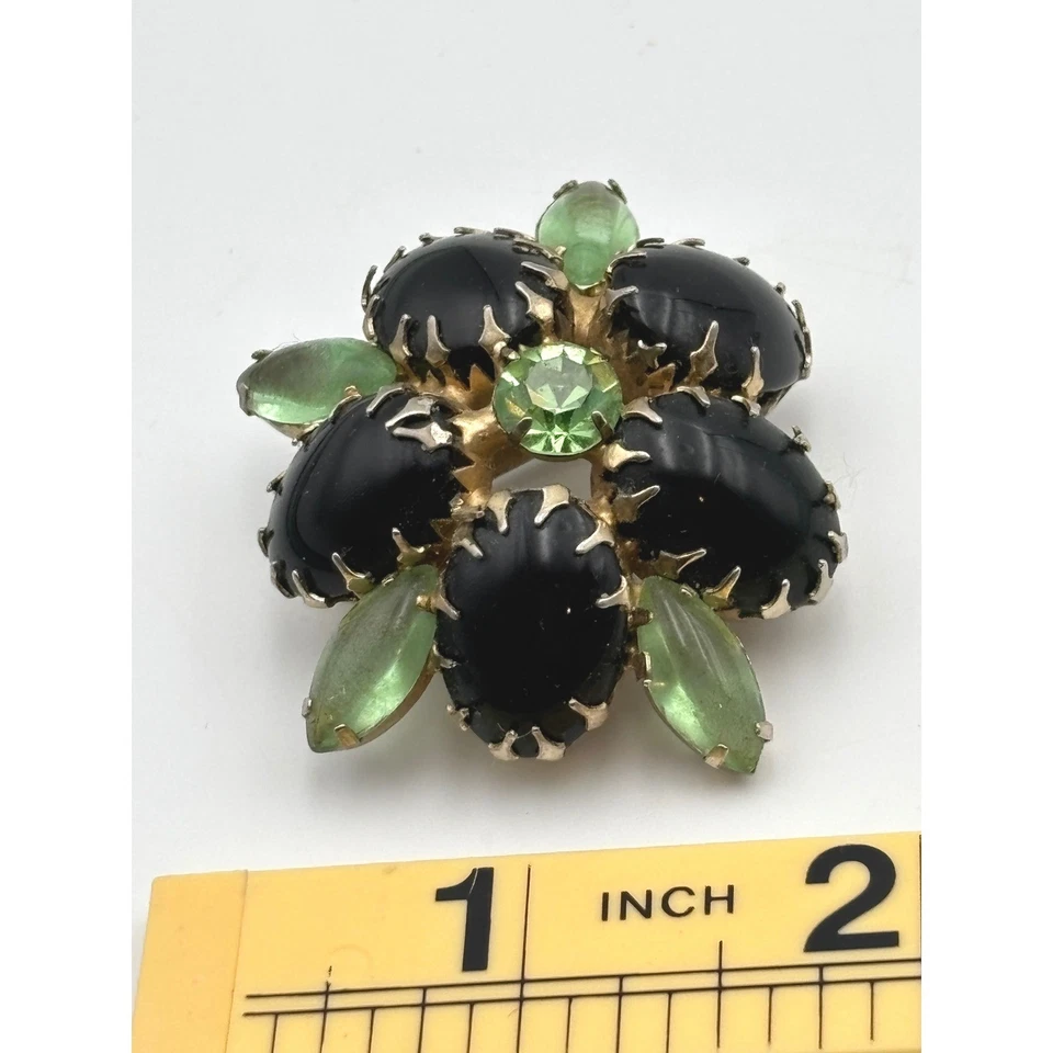 Винтажный черный скарабей цветок булавка брошь зеленый стразы золотой тон заявление - Изображение 4 из 4