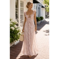 Storia Romantic Floral Ruffle Maxi Dress Pink Cream M Wedding Guess Coquette