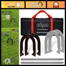 Portable Outdoor Horseshoe Game Set - 4 Steel Horseshoes, Stakes Carry Bag - F