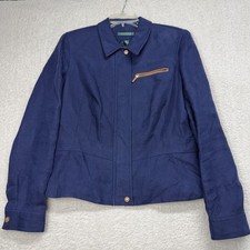 Ralph Lauren Blue 100 Linen Blazer Jacket Womens 12 Leather Trim Tailored Style