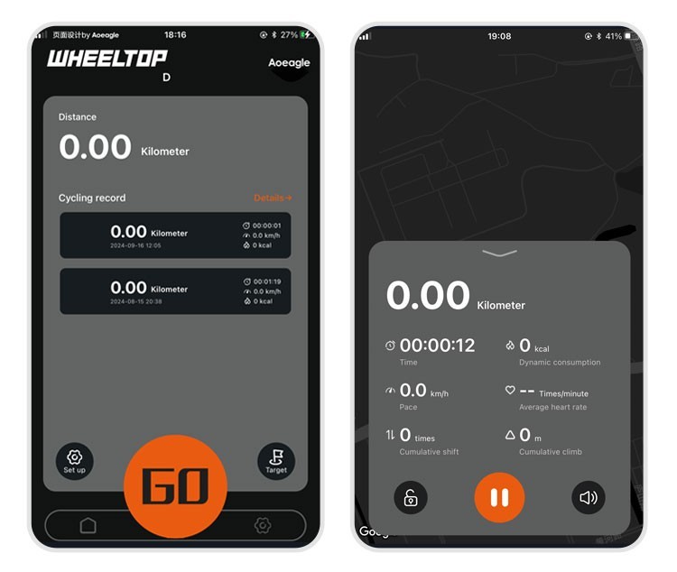 WHEELTOP app ride screen and cycling record history