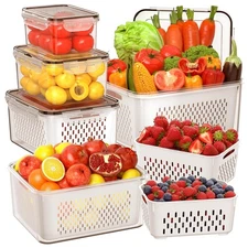 5 PCS Large Fruit Storage Containers for Fridge with Removable Colanders, Air...
