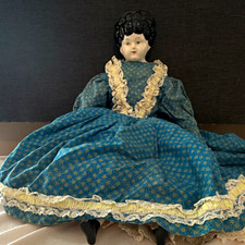 Vintage 19th Century China Head Doll Lowbrow Molded Black Hair Cloth Body