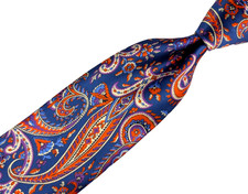 ROBERT TALBOTT Best of Class Silk Tie Blue Orange White Paisley Glossy Satin