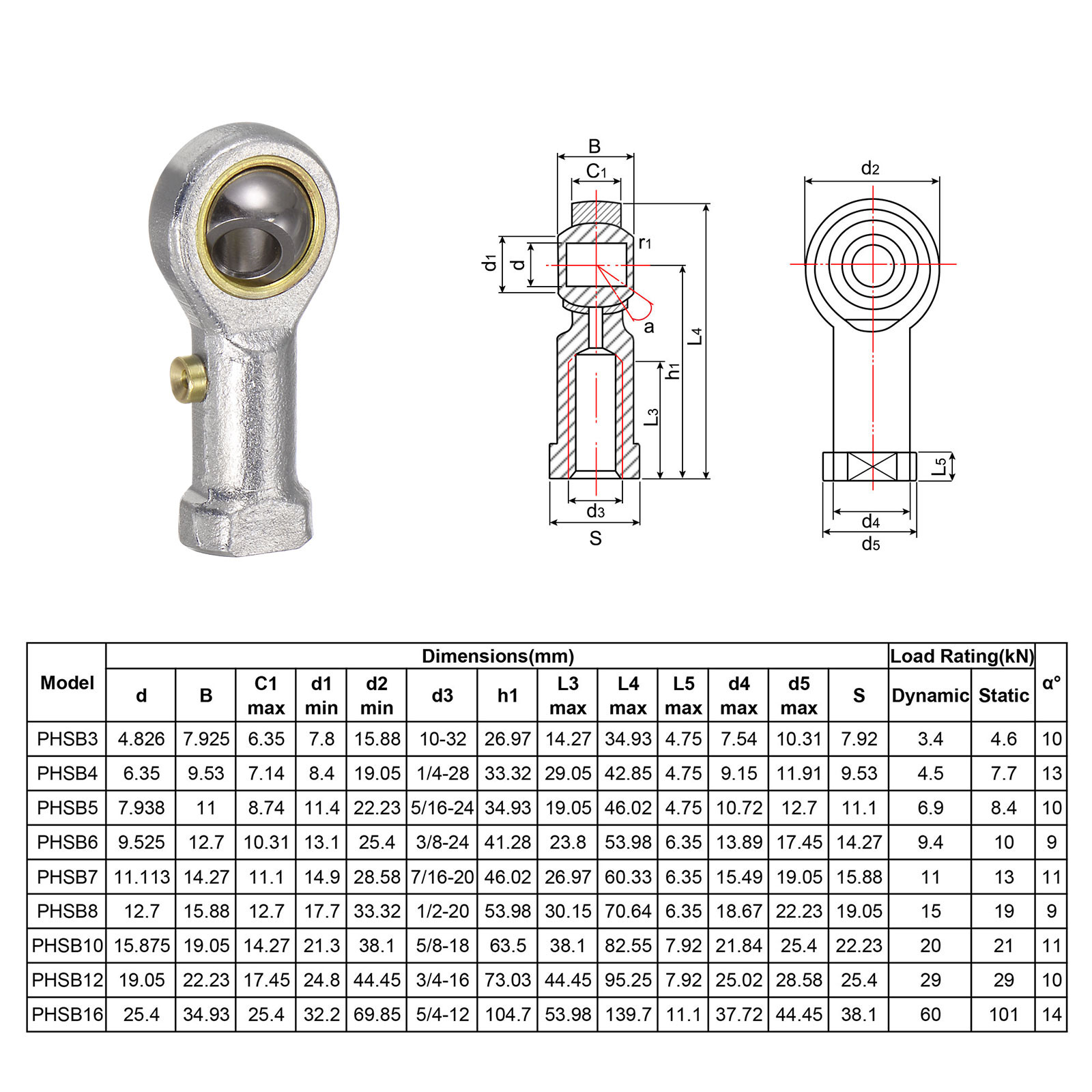 4pcs PHSB3 Female Rod End Bearing 3/16" Bore and #10-32 Right Hand Thread