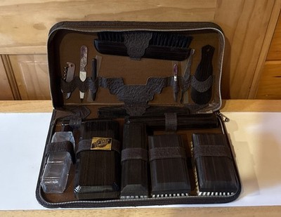 VTG Men s Grooming travel Set GIBSON kit brown leather case Made In USA L@@K