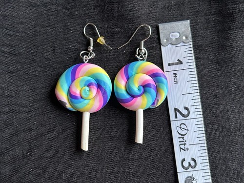 1.5” Colorful Blue Pink Swirl Lollipop Candy Kawaii Dangle Rave Hook Earrings - Picture 2 of 9