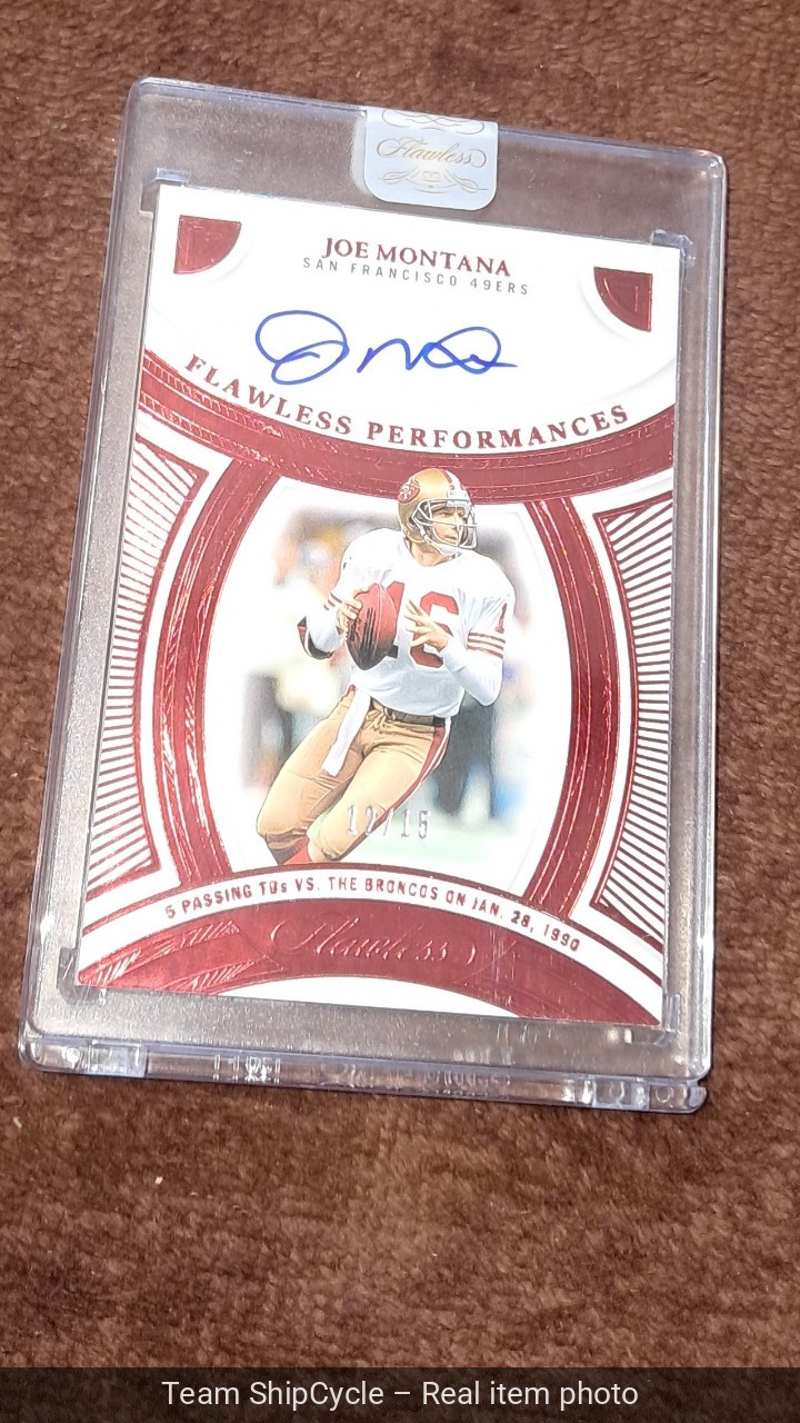 2025 Panini Flawless Joe Montana Performances Ruby 15 Auto 49ers JJ5 G2U view 3