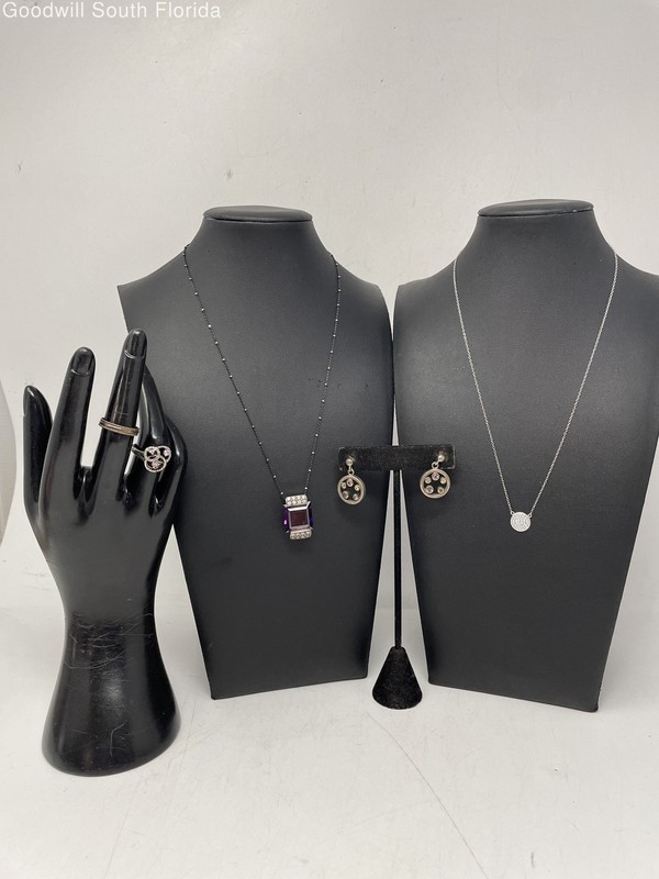 Silver Stamped/Unstamped Chain-Pendant-Earrings-Ring (5 Pcs) Weight 31.0gr