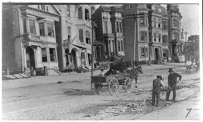 San Francisco CA 1906 Earthquake Aftermath Street Cleanup Horse Wagon