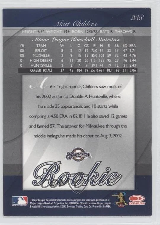 2002 Donruss Elite Extra Edition Rookie /900 Matt Childers #238 Rookie RC - Image 2 of 2