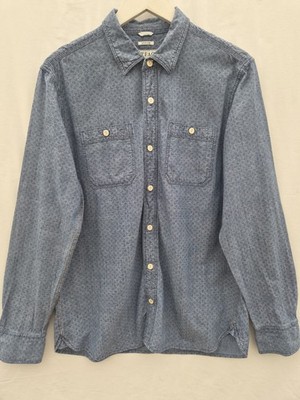 FatFace Herren Hemd Indigo Vintage Wash Medium Blau Micro Print Langarm 