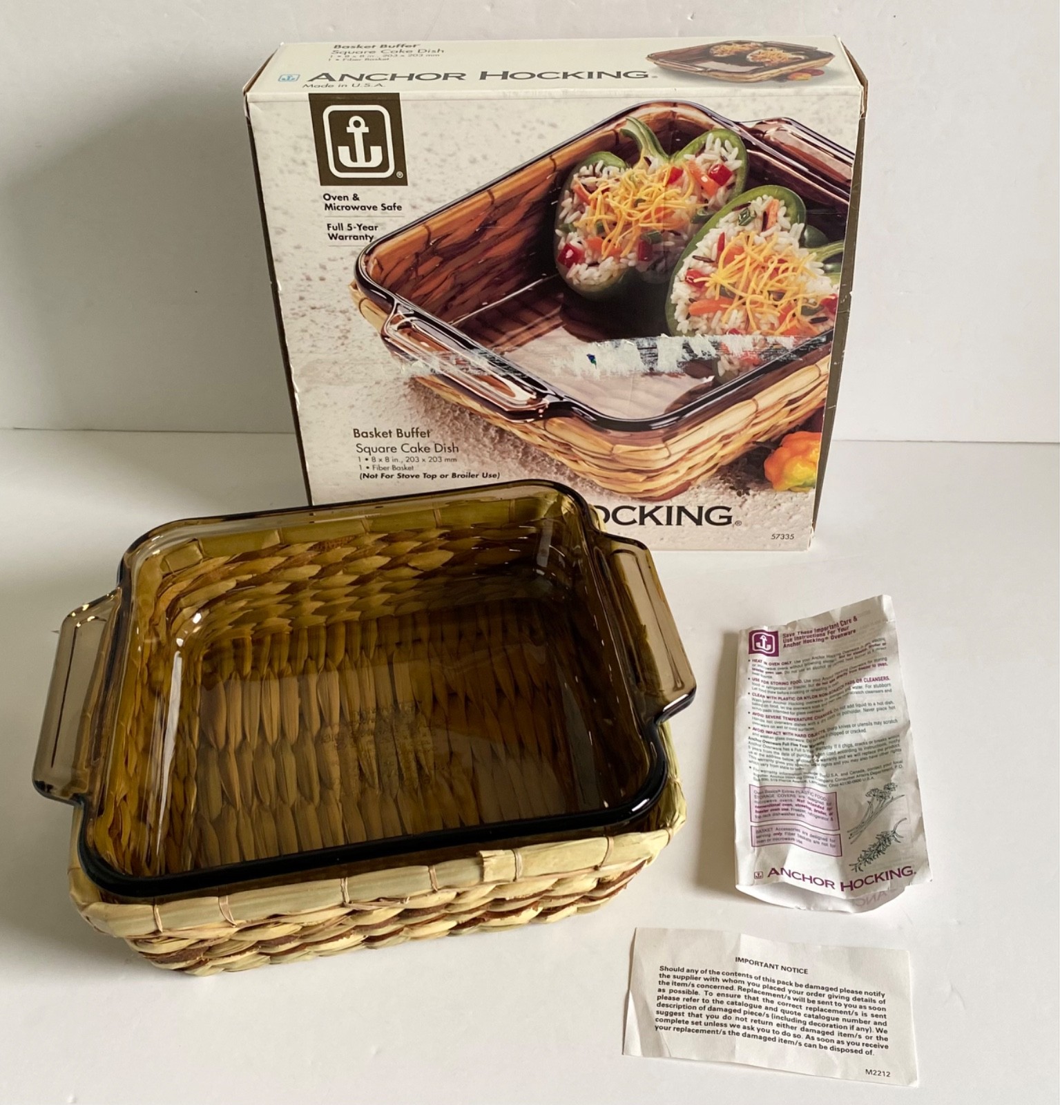 ANCHOR HOCKING SQUARE SMOKED GLASS SERVING DISH & BASKET 8""x 8"" OVEN TO TABLE