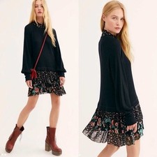 Free People Opposites Attract Black Waffle Knit Floral Mock Neck Mini Dress M