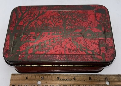 Vintage Red Metal Lacquer Trinket Box Ornate Design 6  X 3.75  Tin