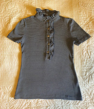 XS Tory Burch "Lidia" Ruffle-Trim Striped Knit Polo Top Short Sleeve