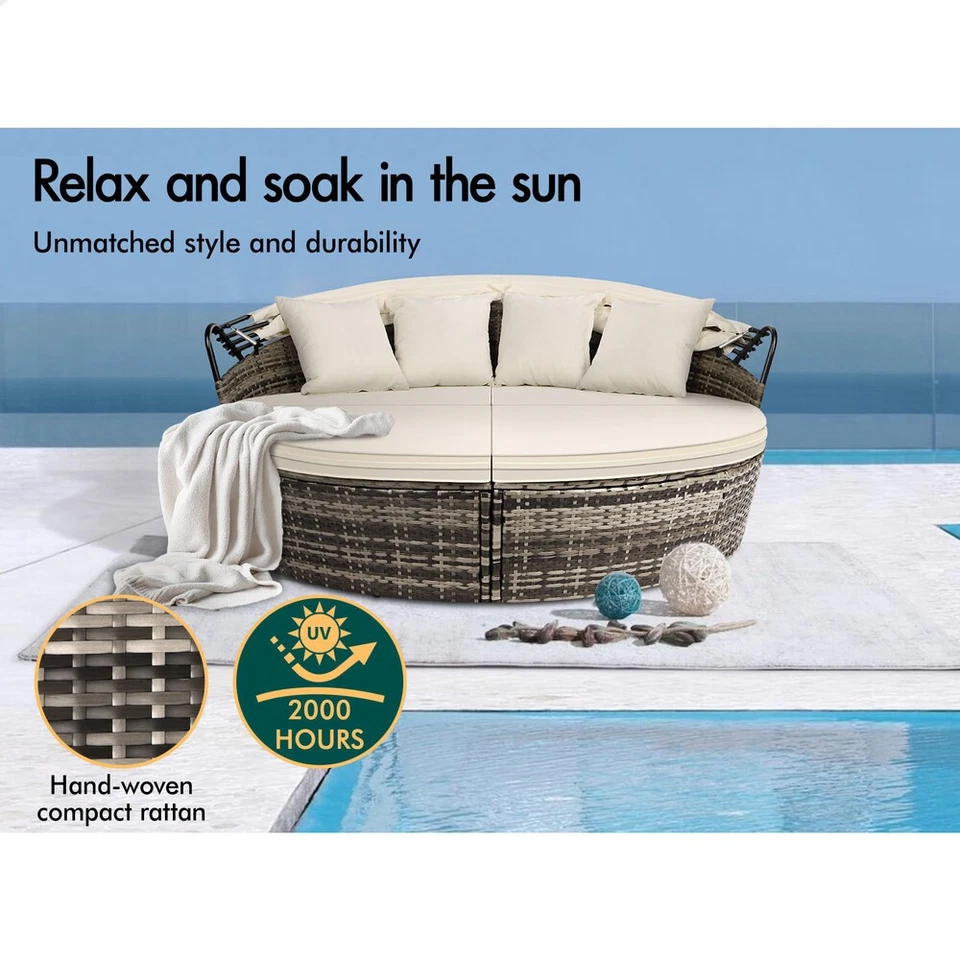 ALFORDSON Outdoor Sun Lounge Day Bed Wicker Furniture Sofa Bed Garden Beige 3PCS - image 4 of 4