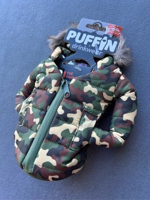 Puffin Drinkwear Pahka Camo Army Puffer Jacket Koozie Fur Hood Insulated 
