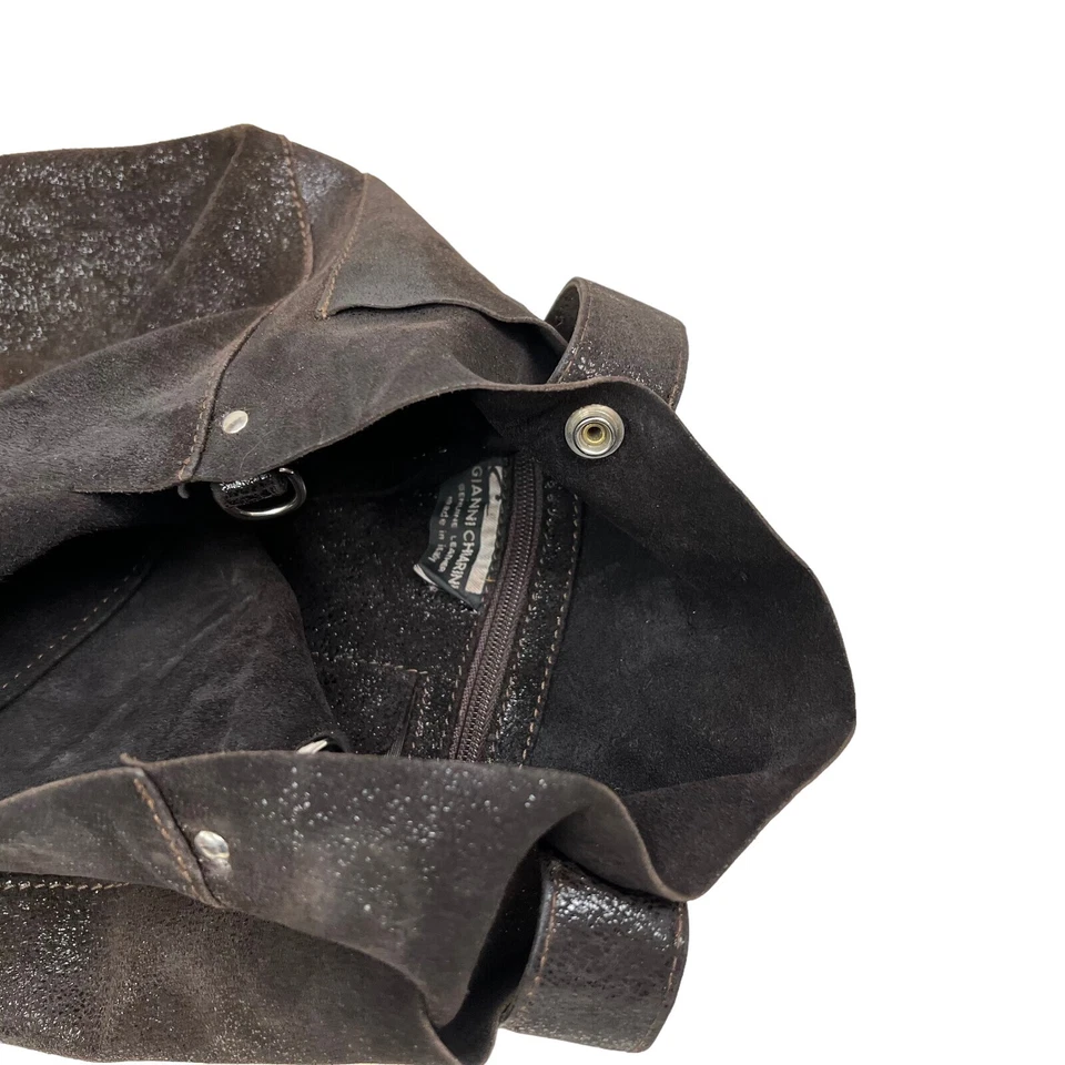 Gianni Chiarini Bolso Cubo Cartera Cuero Gamuza Interior Cremallera Bolsillo Metálico Marrón Foto 4 de 4