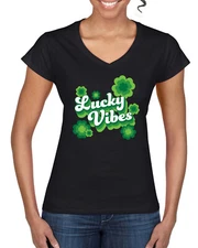 Lucky Vibes Shamrocks St Patricks Day Women Standard V-Neck Tee