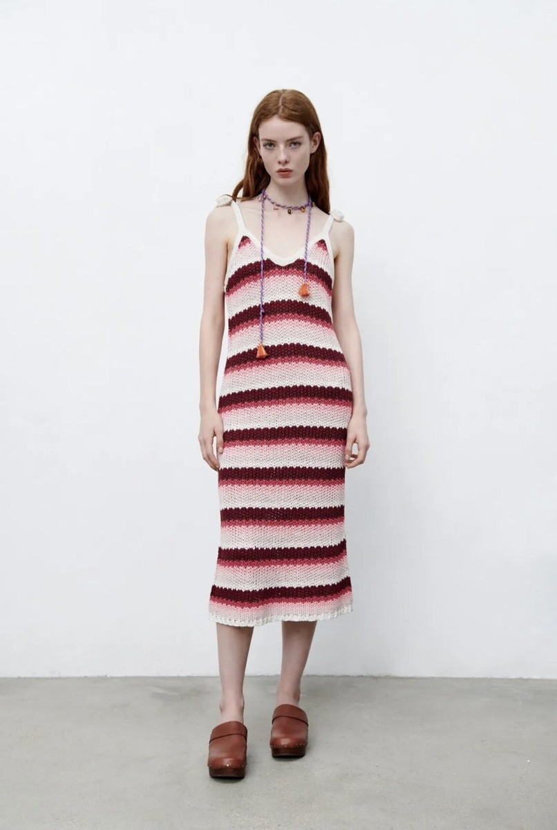 ZARA Striped Knit Midi Dress M Red Pink Combo Limited