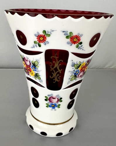 Vintage Decorative Murano Glass Vase White/ Red Painted Flowers Italy
