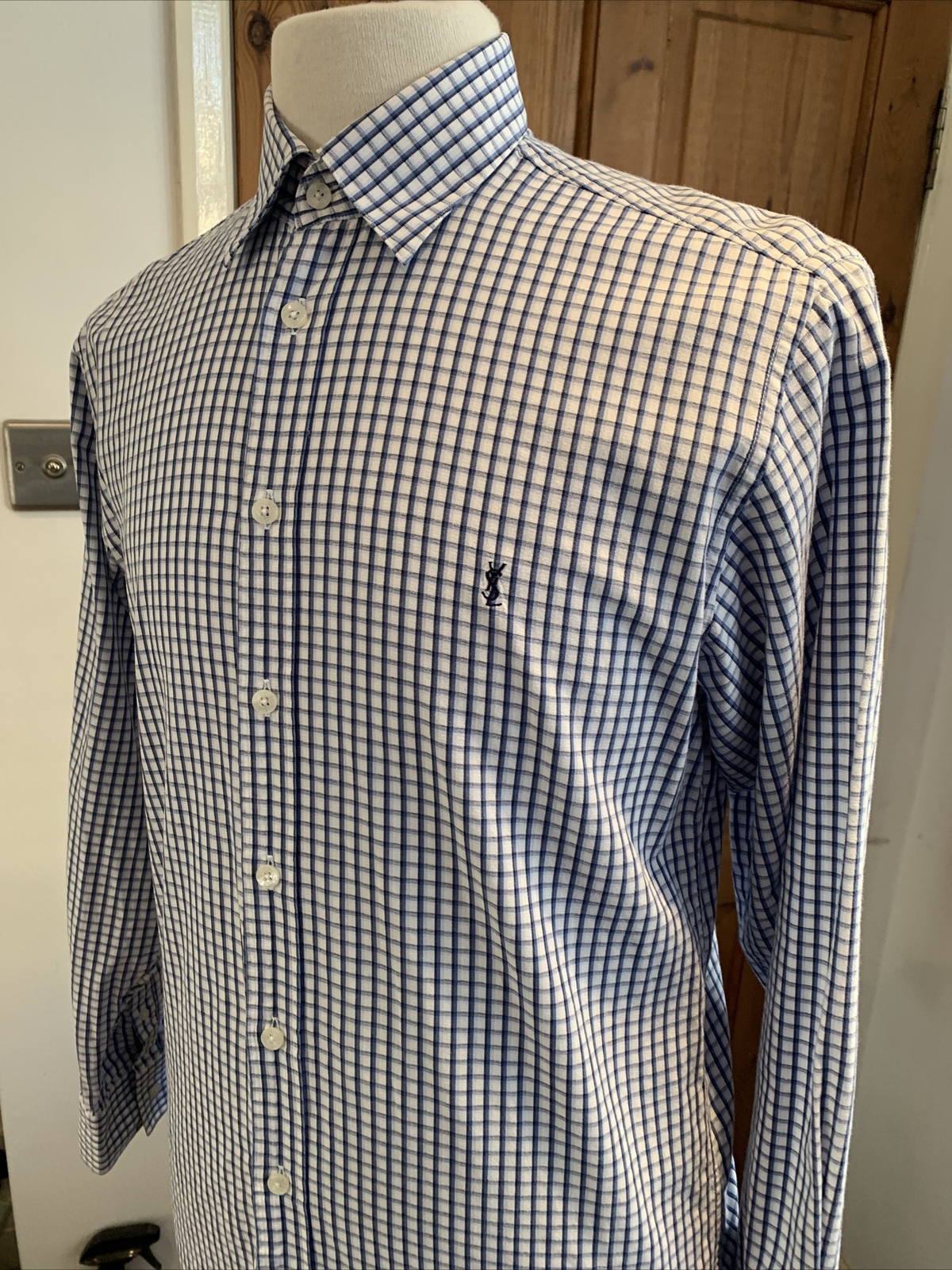 Camicia classica Yves Saint Laurent YSL manica lunga blu bianco a quadri taglia M. #S6*7
