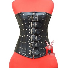 Vollbrust Corsage Schwarz Leder Gothic Overbust Corset Damen Leather Zip Corset