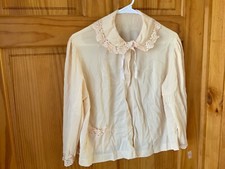 Vintage 60s Nylon Bed Jacket Pink Long Sleeve Lace Accents - S/M