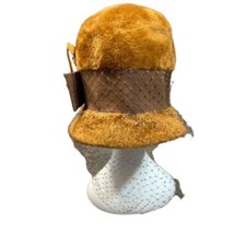 Vintage Mustard Faux Fur Cloche Hat with Brown Ribbon Band and Feather H-15