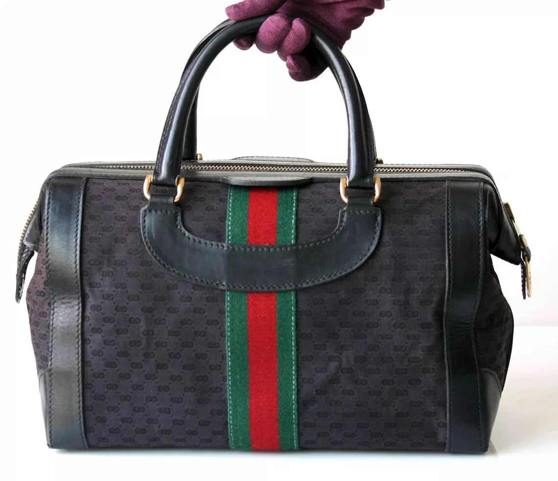 Auth GUCCI Black GG Sherry Line Striped Green Red Jacquard Leather Doctor  Bag