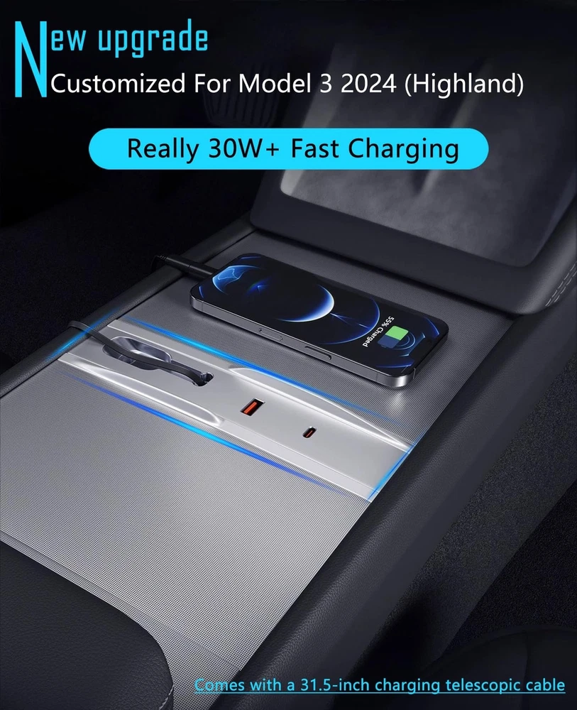 USB Hub for Tesla Model 3 2024 Highland,30W Fast Charging Tesla Model 3 Acces...