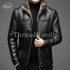 Men's Black Leather Jacket With Brown Fur Shearling Style Slim Fit Motorcycle