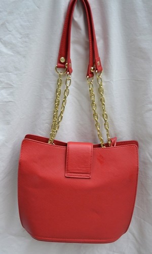 IVANKA TRUMP AUTH Women's Red Leather Bucket Gold Chain Handles Tote Handbag - Picture 11 of 12
