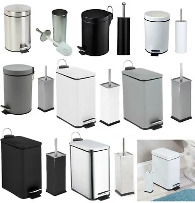 Bathroom Pedal Bin & Toilet Brush Colour Match Accessory Set Stainless Steel 2Pc